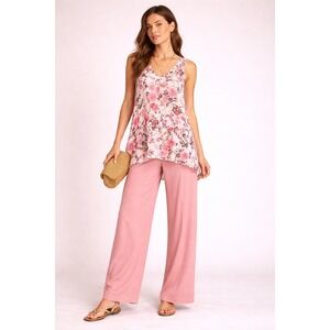 First Love Floral Tank Top XL Pink Rose Print Flowy V Neck Boho Blouse